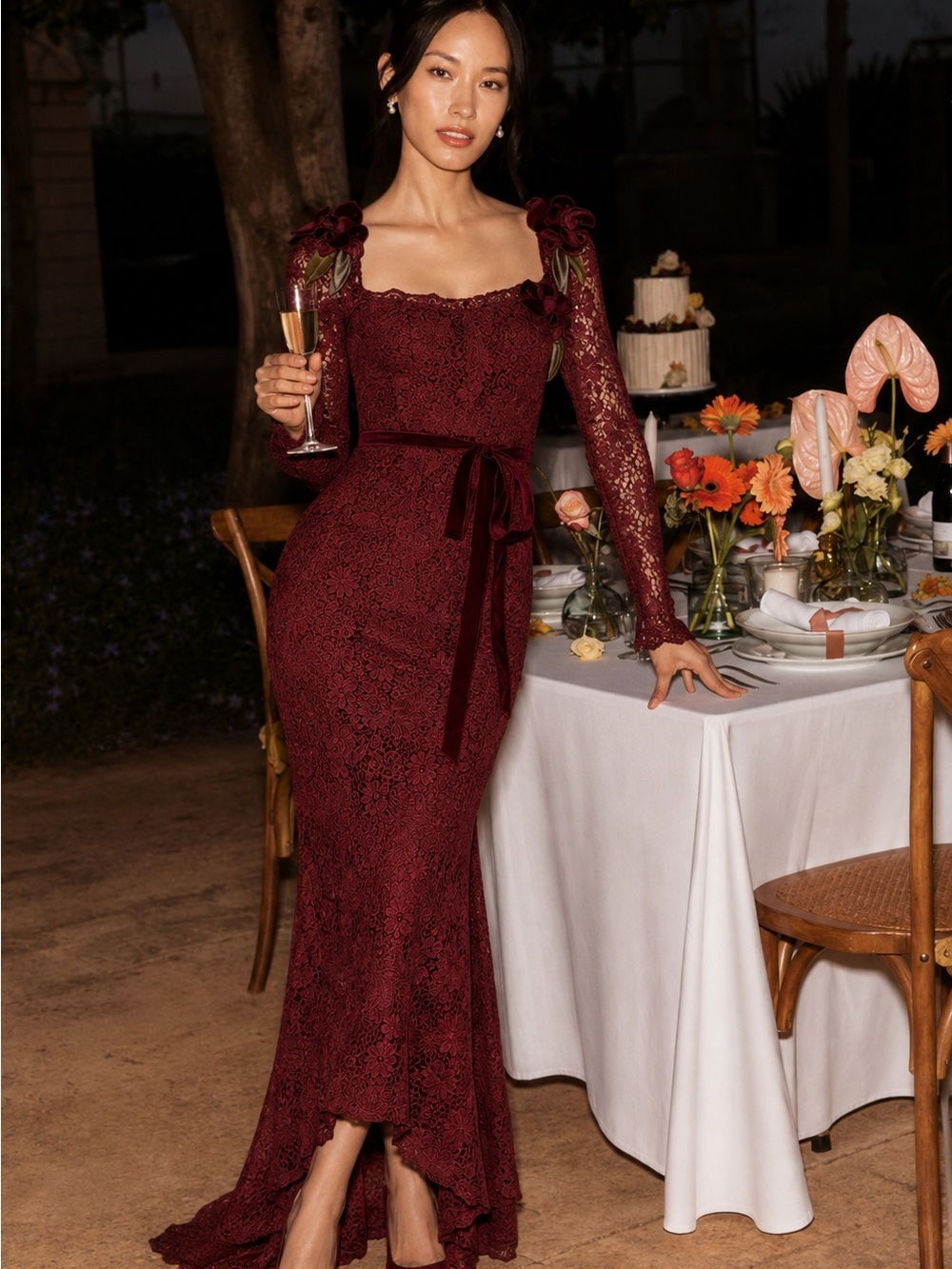 NWT Muse by Marchesa Cypress Corded Lace Floral Applique Sweetheart Maxi Dress - Picture 2 of 15
